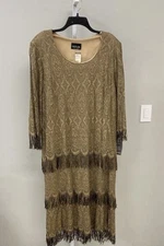 VTG 80s 90s Onyx Nites Gold Black Fringe Dress Flapper Mod Go Go XL Lurex Tiered