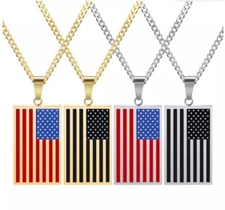 Men's Stainless Steel USA Flag Rectangle Dog Tag Pendant Necklace