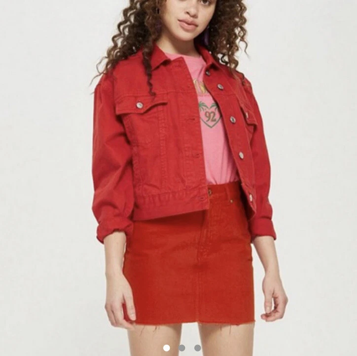 Topshop Red Denim Jacket And Skirt Co Ord Size 6 8