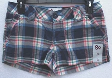 SO Juniors Blue Plaid Low Rise Shortie Shorts 3 5