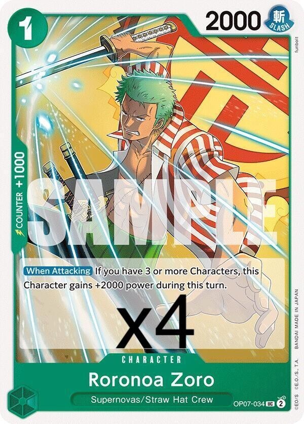 4X One Piece Card Game Roronoa Zoro OP07-034 Uncommon NM