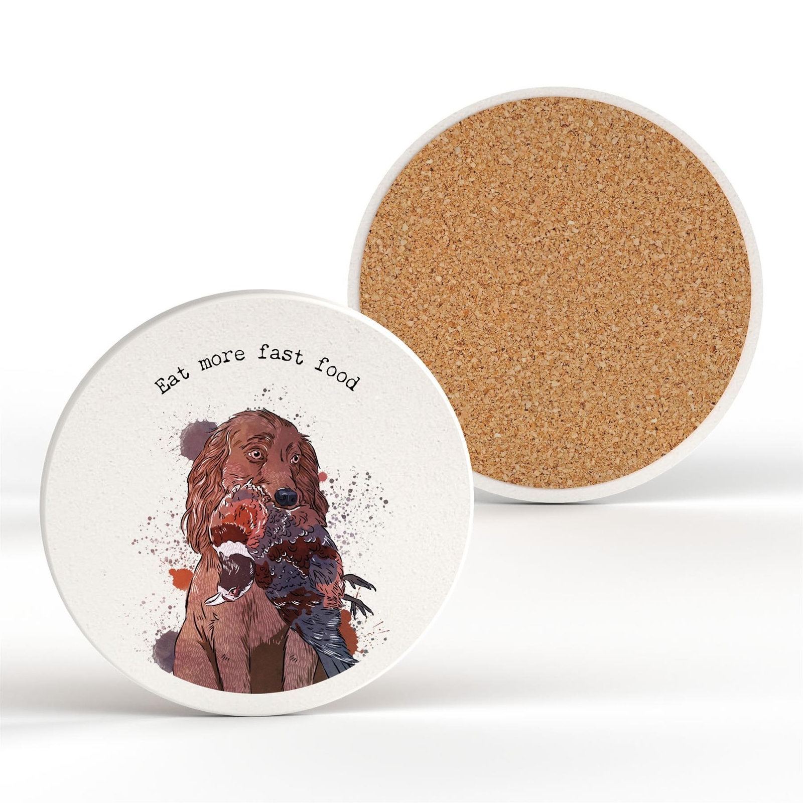 Eat More Fast Food Hunting Watercolour Artwork Ceramic Round Coaster