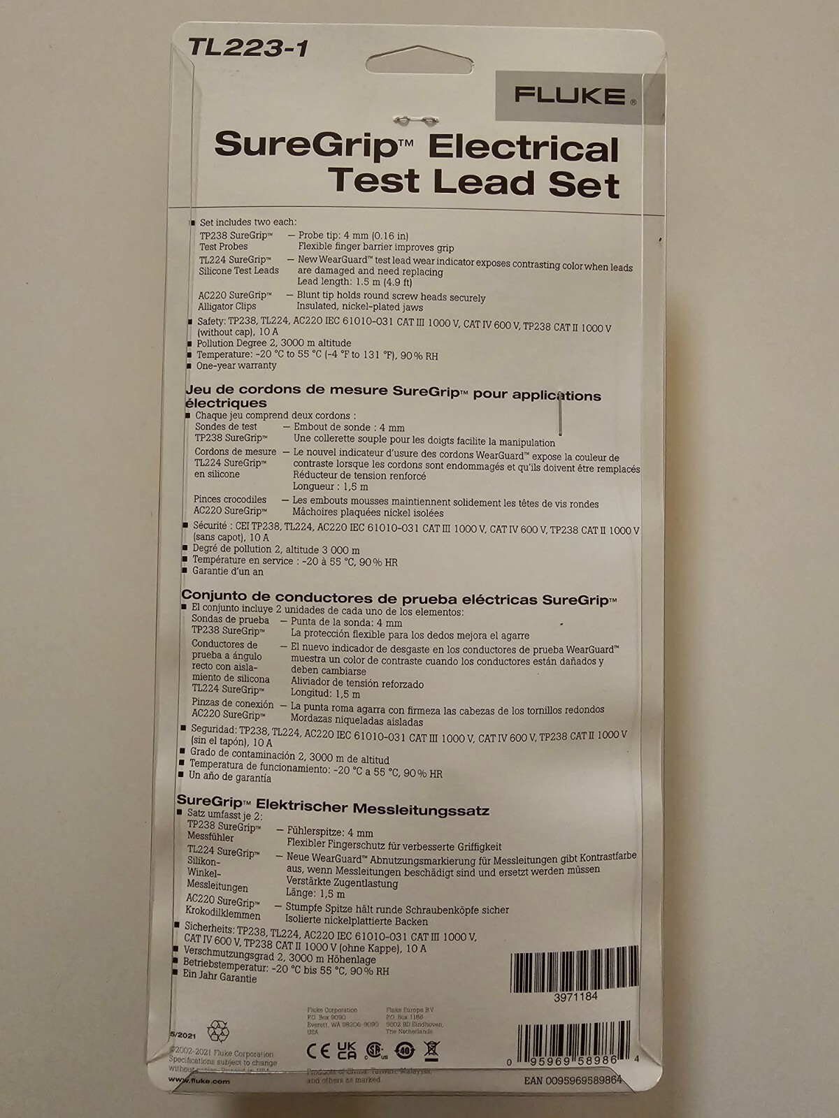 Fluke TL2231 SureGrip Electrical Test Lead Set with SureGrip Insulated