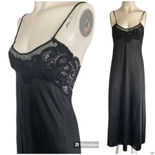 Vintage 70  s Glydons Hollywood Black Nylon Sheer Lace Negligee Nightgown Sz S