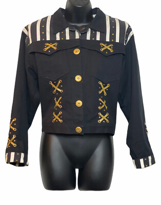 Vintage Rare David David Ornate Black White Gold Denim Jacket Petite Medium