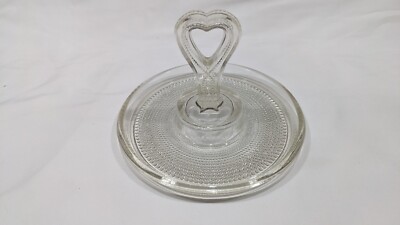 Vintage L E Smith Tiny Hobnail Center Heart Shape Handle Glass Candy/Nut Dish 6''