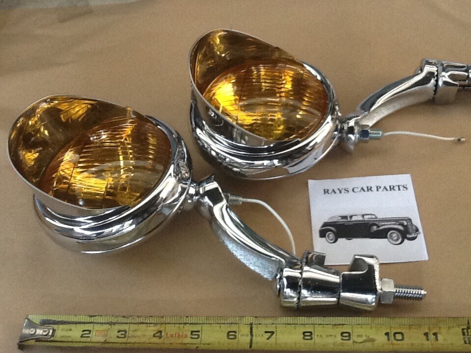 12 VOLT SMALL VINTAGE STYLE FOG LIGHTS / VISORS AND CHROME BRACKETS