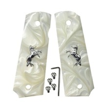 1911 Grips Full Size fit Colt Springfield Grips White Pearl Silver Horse & Screw