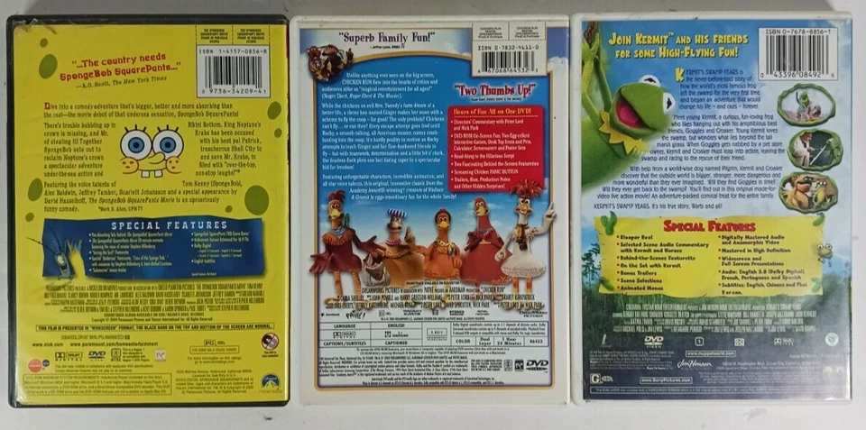 Lot Of 3 Childrens/Kids Movies/DVD Chicken Run, Kermit's Swamp Years, SpongeBob Foto 2 de 2