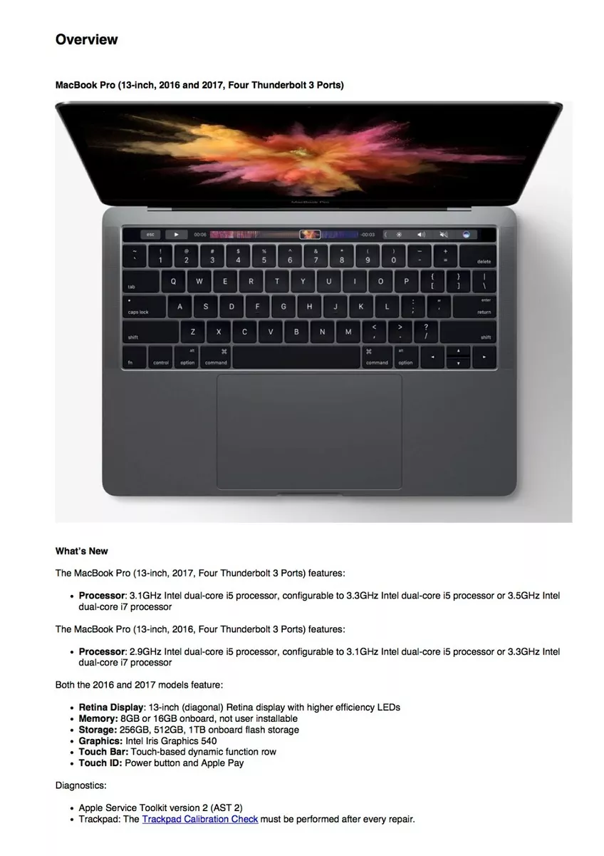 MacBook Pro 13-inch, 2016 and 2017, Four Thunderbolt 3 Ports Service Guide PDF