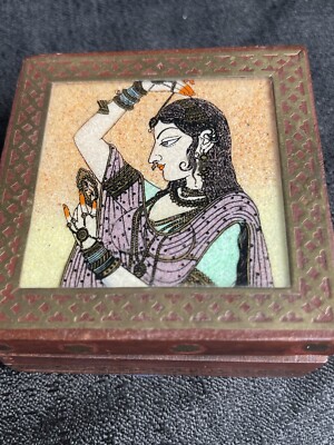 Vintage Indian Wooden Trinket Box Bani Thani Ornate Gemstone Powder Painting