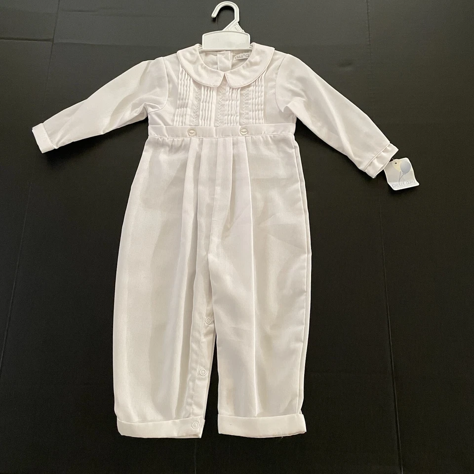 Petit Ami Boys Christening Baptism Outfit 24 Mon White Coverall Bonnet Set Tucks - Image 3 of 4