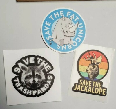 RARE Rhinoceros  stickers TRASH PANDA   JACKALOPE Exotic animal sticker 3 pack