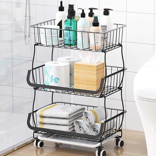 STORAGE STACKING WIRE BASKET STACKABLE SHELVES VEGETABLE FOOD KITCHEN RACK WHEEL - Picture 37 of 43