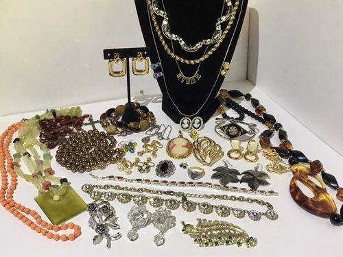 Vintage Estate Jewelry Lot Signed Items , Faux Cameo, Sterling Silver, Crystal