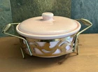 Bauer Pink Speckled Casserole Dish Gold Caddy 2QT Monterey Moderne Vintage 1950s