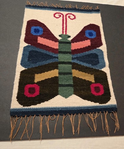 Peruvian Folk Art Butterfly Woven Wall Hanging Tapesty Fringe Boho 16”x11”