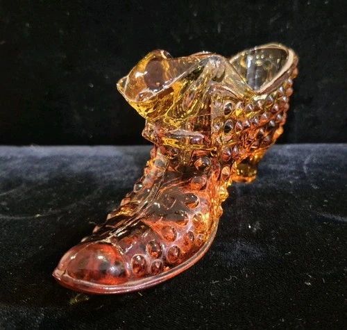 Fenton Amberina Art Glass Hob Nail Slipper with Cat Made In USA Glass Shoe