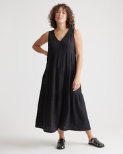 Quince 100% Organic Cotton Gauze Tiered Maxi Dress Black Basic Sleeved M