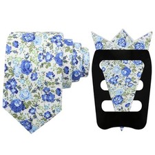 Floral Tie Sets for Men Skinny Cotton Flower Neckties with Blue Floral