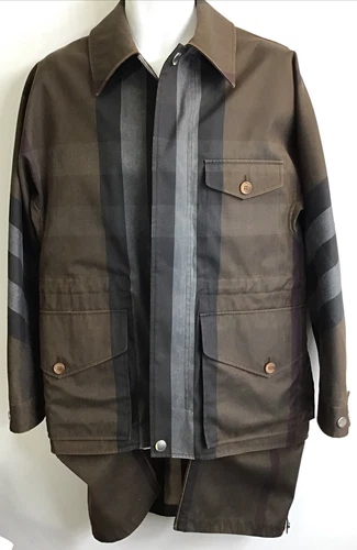giubbotto uomo burberry marrone grigio nero plaid trench zip snap down tessuto nuovo con etichetta 44