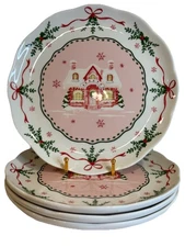 4 Potter's Studio Christmas Tree Dinner Plate Set Holiday Pink Trim, 10.5", New