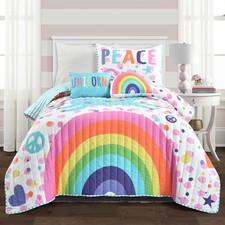 Unicorn Rainbow Quilt Twin Size 4 Piece Set White  Multi - Toddler Bedding S...