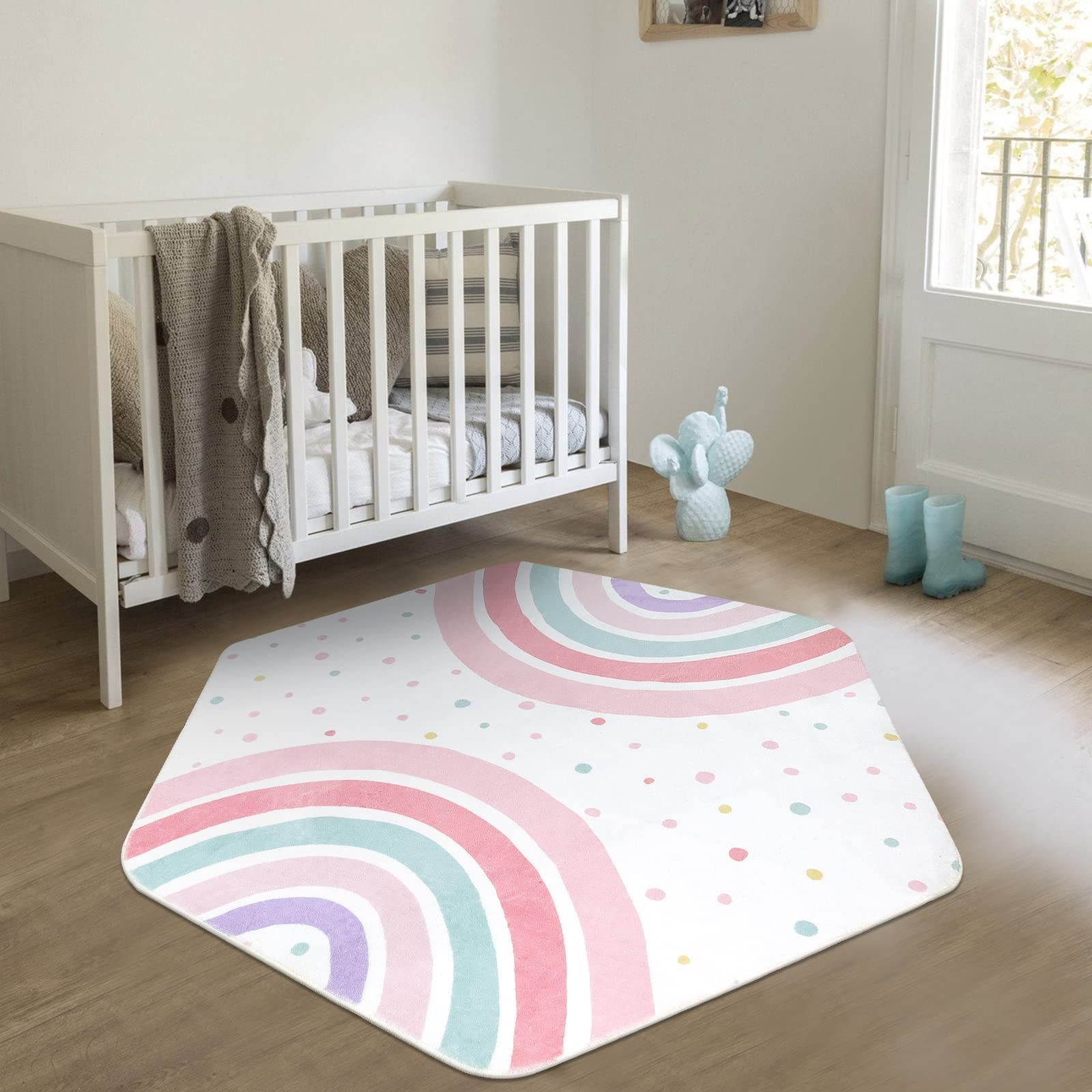 STARUIA Pink Rainbow Rug for Playroom,55"x47" Washable Hexagon Kids Rug for B...