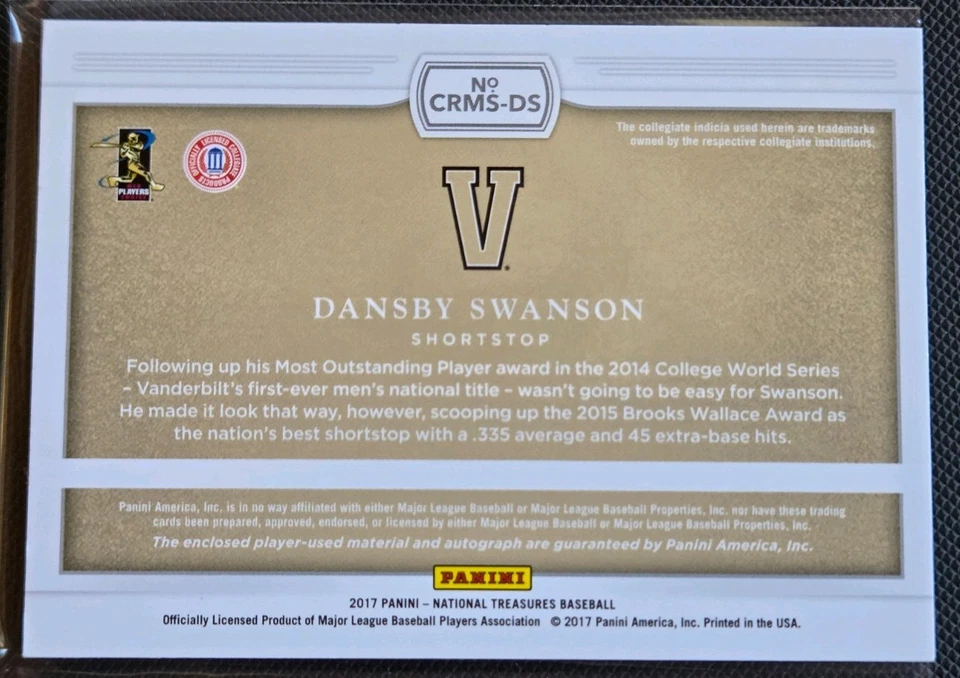 Dansby Swanson - National Treasures 2017 - #CRMS-DS/49 (Autógrafo, recuerdos) Foto 2 de 2