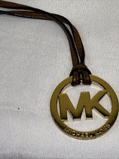 Michael Kors Bag Charm Brown Leather Strap Gold Tone MK Logo Hardware Tag 2  