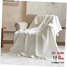 Linen Cotton Throw Blanket with Tassels, Double-Layer Knit Flax Blend Blanket