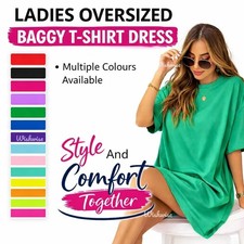 New Ladies Short Sleeve Oversize Plain PJ Tee Shirt Tunic Dress Baggy Loose Fit