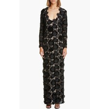 OSCAR DE LA RENTA Women's Velvet Guipure Lace Gown US 8 Black Plunge Neck