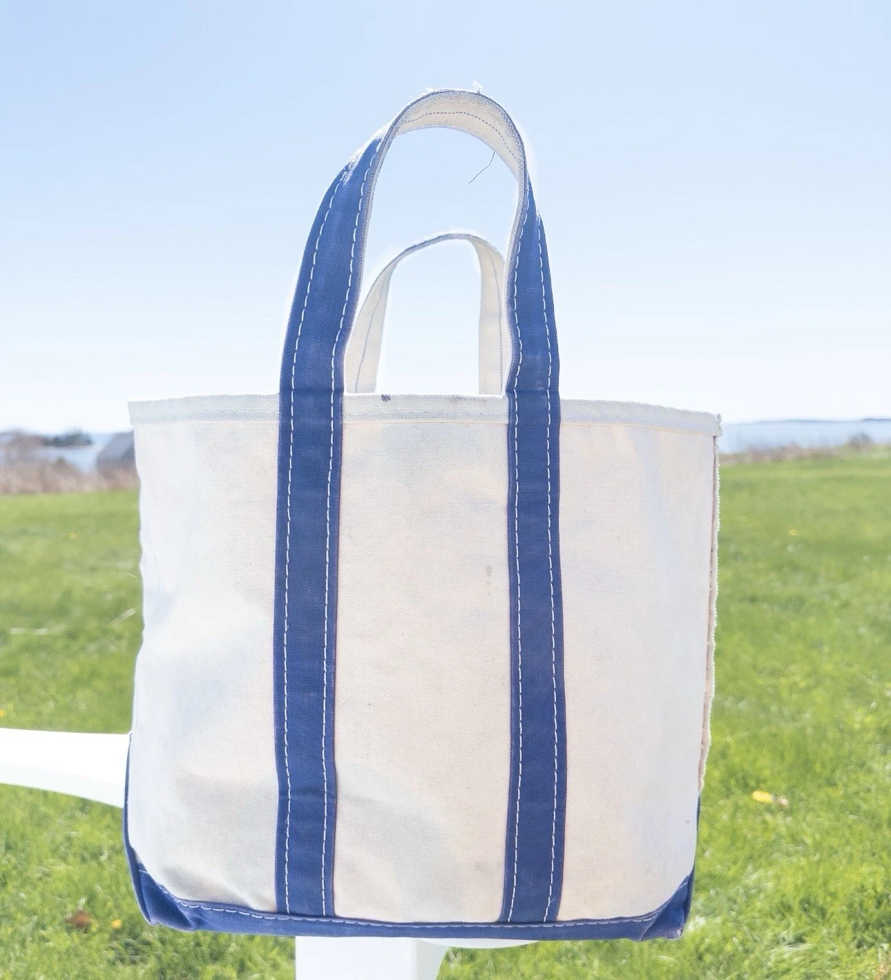 Vtg 1984 Med LL Bean Boat & Tote, 2Color Giza Label Blue Selvage, 1st Run Purple