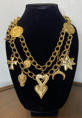 Vintage Escada Charm Chain Belt Necklace Gold Tone Heart Cross Star Moon Chunky