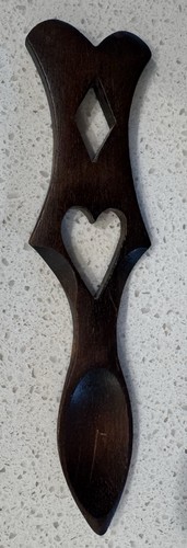 Vintage Welsh Hand Carved Wooden Wood Art Spoon Heart + Diamond 6"