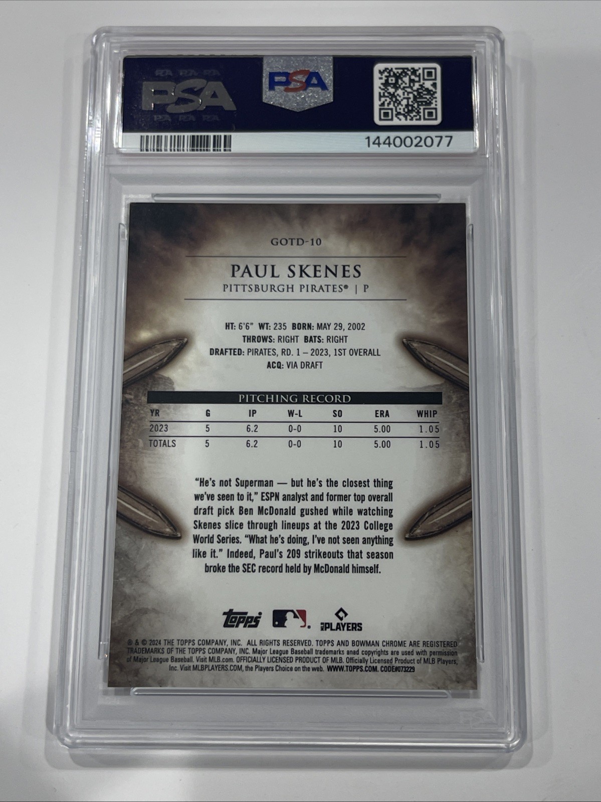 2024 Bowman Paul Skenes Gladiators of the Diamond Chrome RC #GOTD-10 PSA 10 view 5
