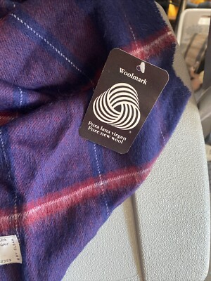 NOS Woolmark 100% Pure wool Scarf blue plaid W/fringe 50 X 12  NWT