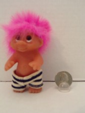 Russ Troll Doll Vintage 1985 3" Beach Baby Stripe Shorts Pink Hair Brown Eyes