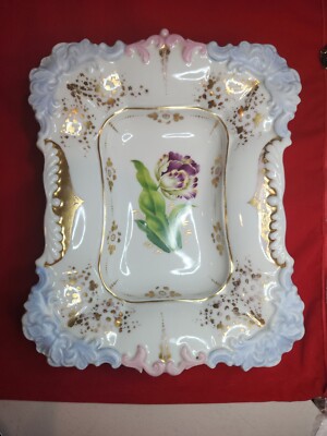 Antique KPM Rectangular Deep Serving Dish Tulip Flower Handpainted
