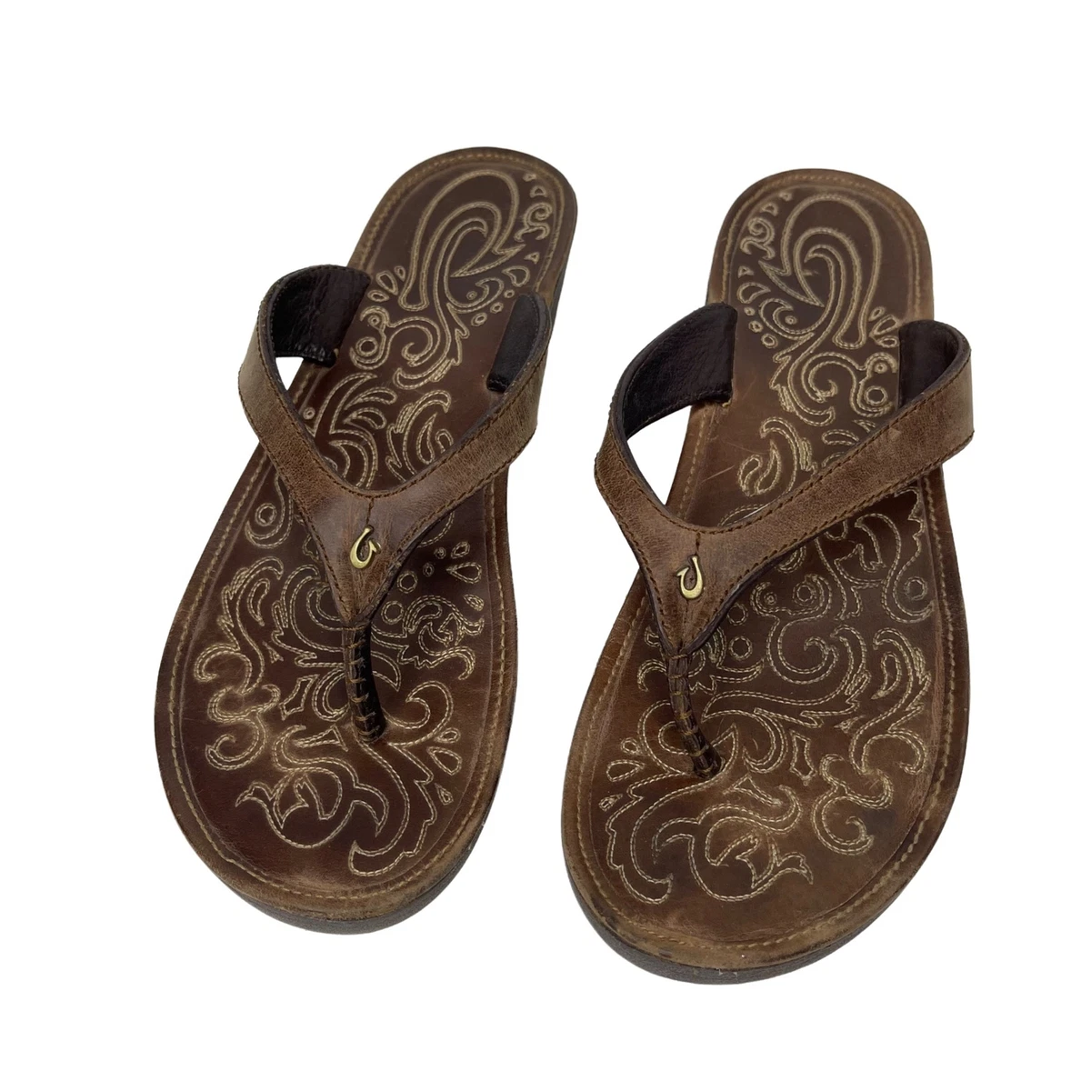 Olukai Paniolo Wedge women’s size 9/40 brown leather flip flop sandals