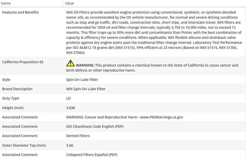 Filtro de aceite de motor OEM WIX para Dodge Dakota 1991-2002 L4-2,5 L Foto 3 de 4