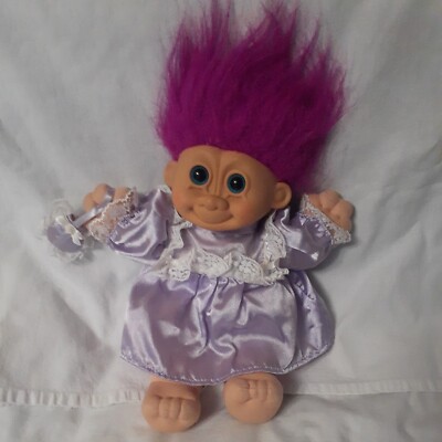 VTG Russ Berrie 10'' Troll Doll Girl Purple Satin Dress Plush Soft Body Blue Eyes