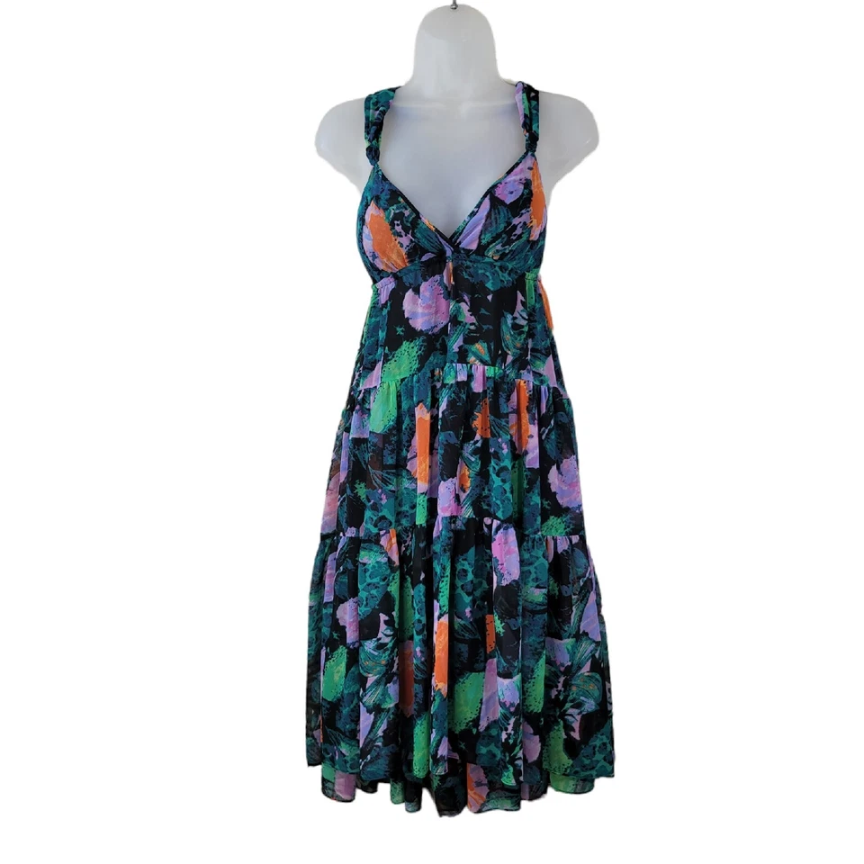 Vestido Acampanado Floral Hawaiano Moda International Talla XS Malla Tropical en Capas Foto 2 de 4