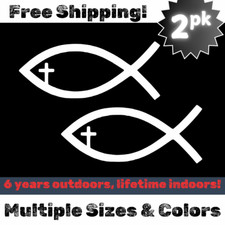 Jesus Fish Vinyl Decal Stickers - Christian Cross, Religion, Car/Wall, 2-Pack