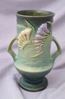 ROSEVILLE Art Pottery C1945 Green FREESIA Double Handle Vase 123-9 Excellent