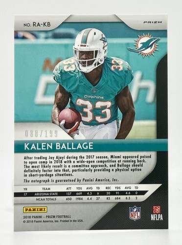 2018 Prizm Red Wave Kalen Ballage RC Auto 88/199 Miami Dolphins - Picture 2 of 2