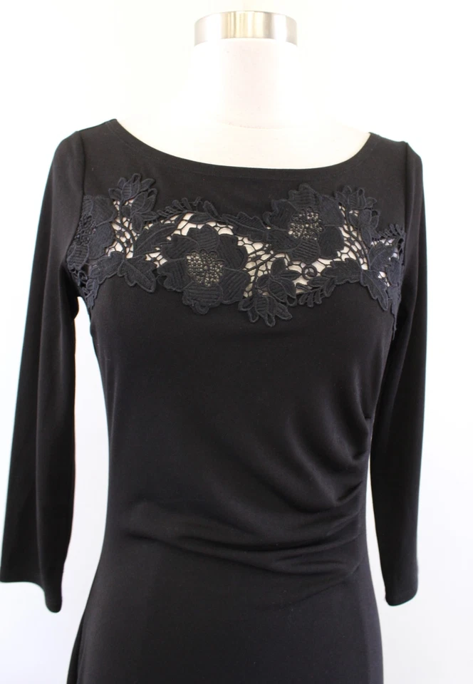Vestido T Tahari Negro Sólido Jersey Acanalado Floral Encaje Recortado Talla 2 Carrera Foto 2 de 4