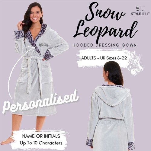 Personalised Womens Ladies Leopard Print Robe Dressing Gown Hooded Fluffy  Soft | eBay