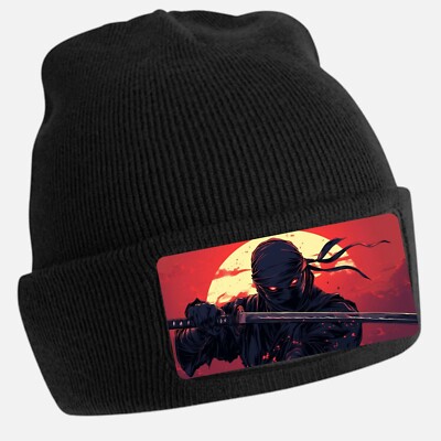 Majestic Ninja Print Black Beanie Hat Unisex Cotton